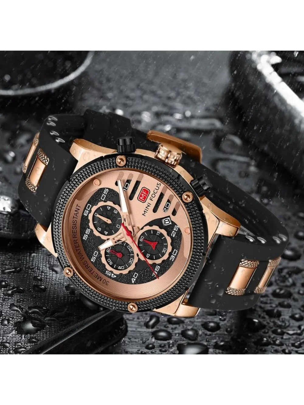 Men's Rose Black Chronograph Waterproof Sport Military Analog Quartz Wristwatch
